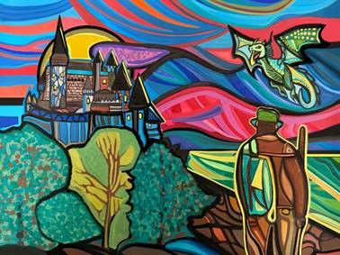 A colorful, stained‑glass–style illustration shows a cloaked traveler standing on a hillside with a staff, looking toward a castle perched among trees on the left, while a small green dragon flies in a swirling, multicolored sky above rolling fields and layered landscapes.