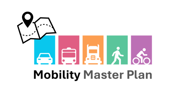 mobility master plan with illustrations of a car a bus a truck a pedestrian and a cyclist along with a map and a pin on the left side