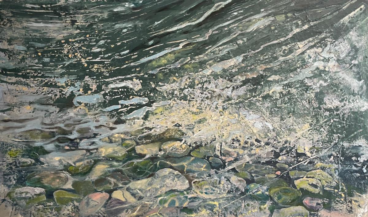 A detailed painting depicting the surface of moving water with ripples, reflections, and light patterns. Beneath the water, rounded stones in muted greens, browns, and grays are visible. The artwork captures the shifting motion of water and the texture of the rocky riverbed.