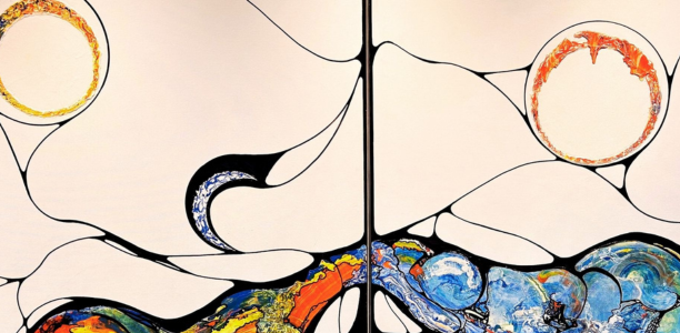 Abstract symmetrical artwork with flowing black lines dividing two panels. Circular forms appear in the upper corners, while layered swirls of blue, orange, yellow, and white spread across the lower area, creating a fluid, organic pattern on a light background.