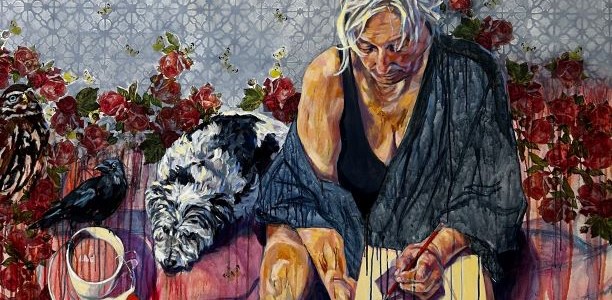 painting of an elderly woman writing with her dog sitting beside her Stephanie Shirm