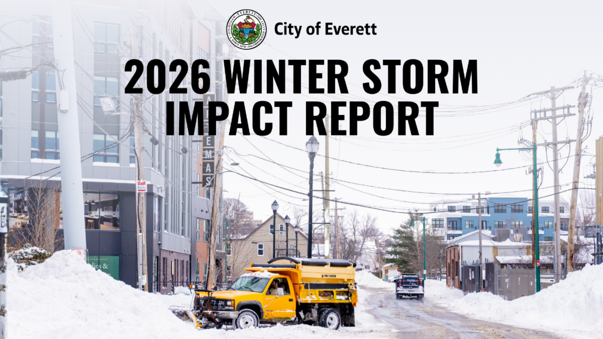 City of Everett graphic titled “2026 Winter Storm Impact Report” showing a snowy city street with large snowbanks and a yellow plow truck clearing snow, with buildings and utility lines in the background.