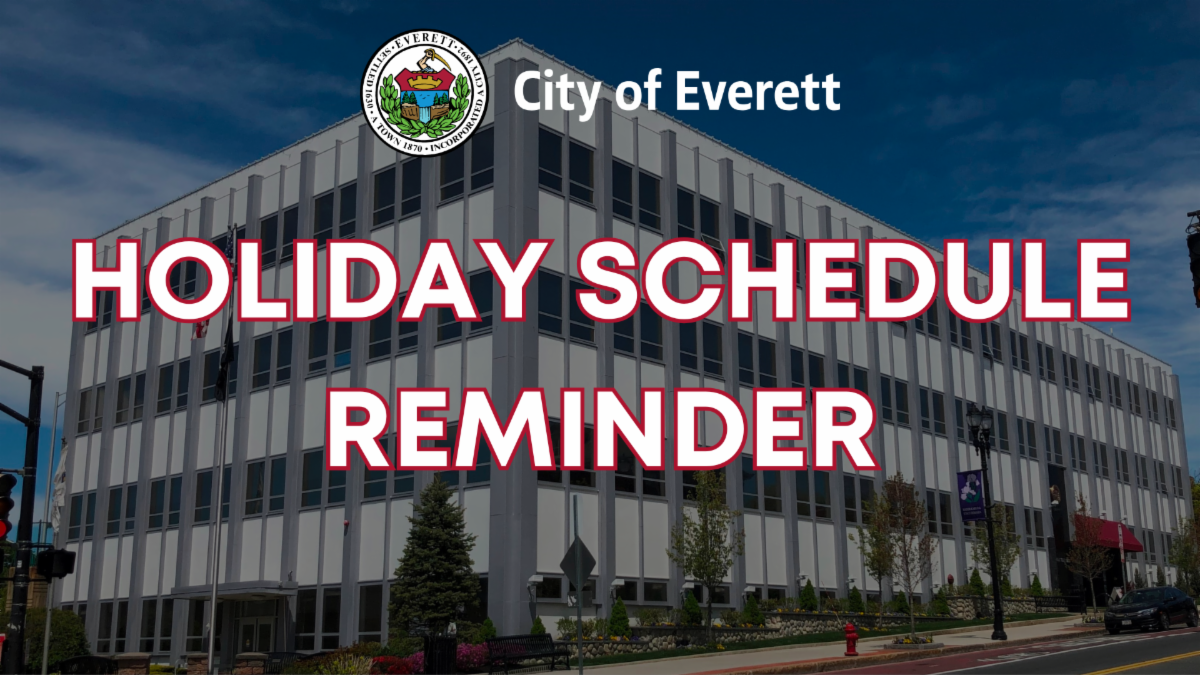 Graphic with City Hall in the background with "Holiday Schedule Reminder" in the foreground.