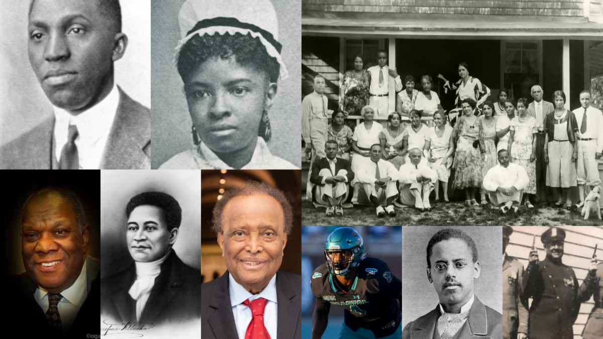 Collage of some of Everett's historic Black figures, including black-and-white portraits of men and women, a large vintage group photo on a porch, and modern color photos of community leaders and an athlete, representing Black history, achievement, and legacy across generations.