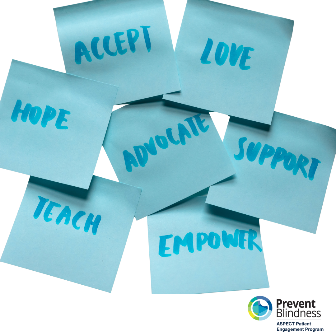 Blue post-it notes featuring the words: accept, love, support, empower, teach, hope, advocate.