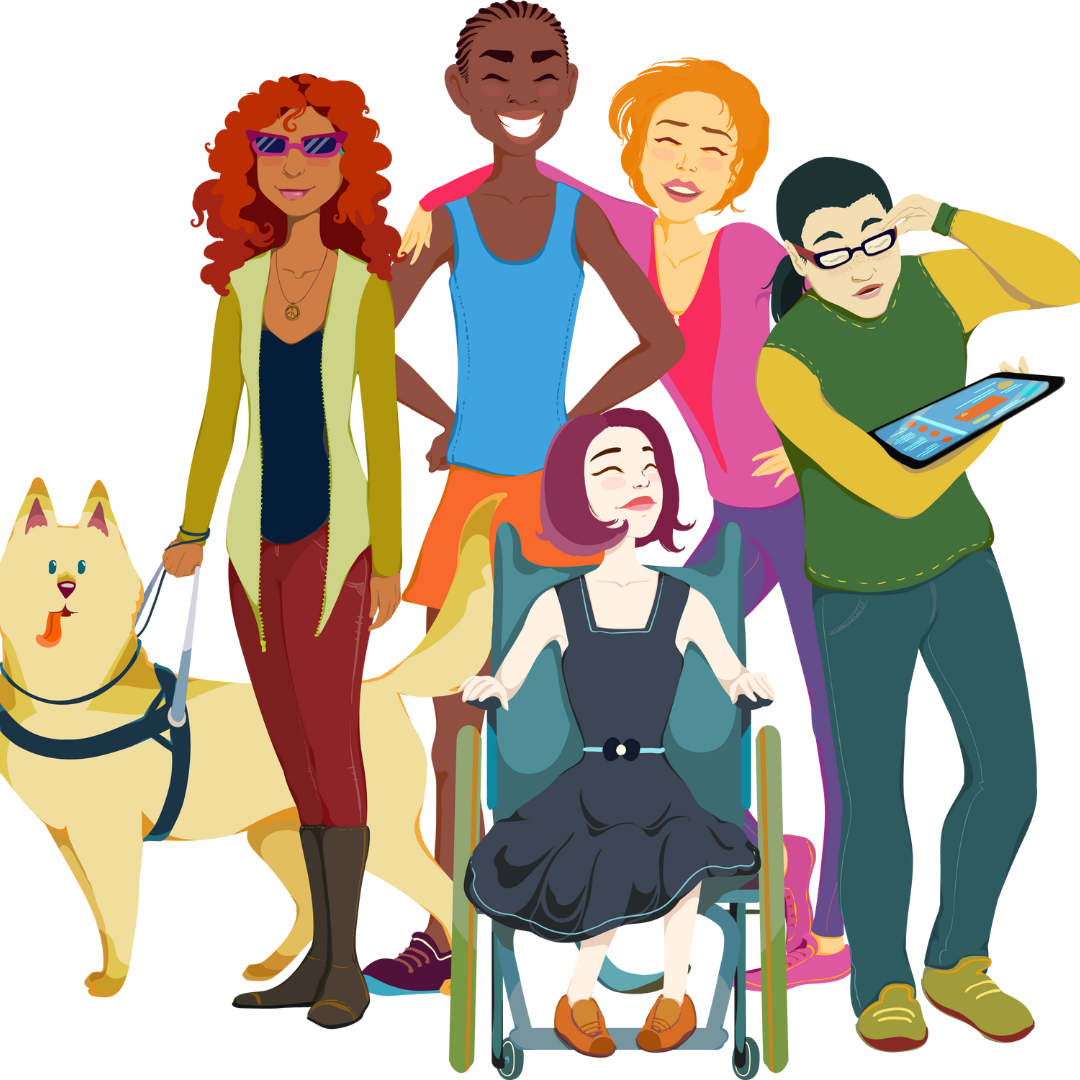 Illustration featuring characters with various disabilities, including someone in a wheelchair and someone with a guide dog.