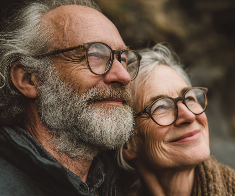 A senior couple wearing glasses and enjoying the outdoors.