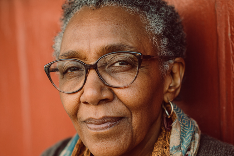 a senior woman wearing glasses