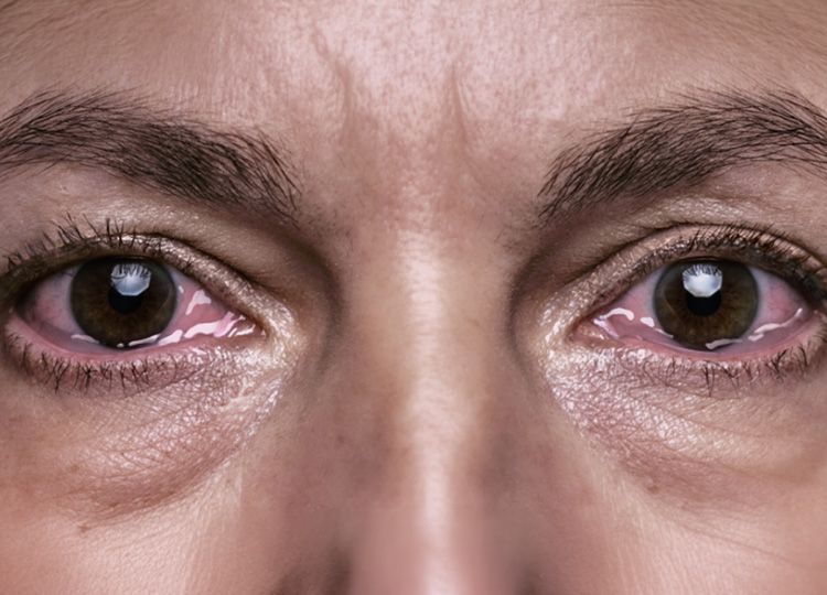 symptom of thyroid eye disease. eye bulge, redness