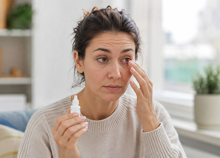 a woman treating her dry eye with eyedrops