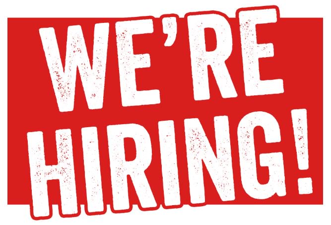we're hiring in white letters with red background