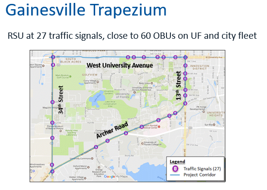 RSUs at 27 traffic lights and approximately 60 OBUs on UF and city fleet