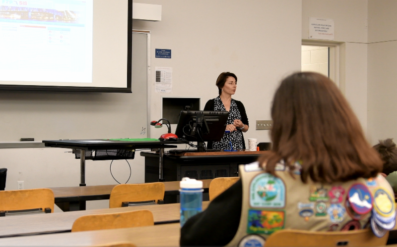 Dr. Lily Elefteriadou presents to the girl scouts at the American Society of Civil Engineers’ Girl Scout Merit Badge Day Event.