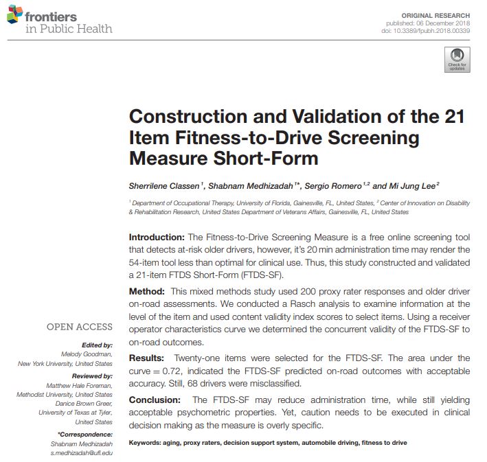 Screenshot of OPRC article on Constructing the Short Form Fitness-to-Drive Screening Measure for identifying at-risk older drivers