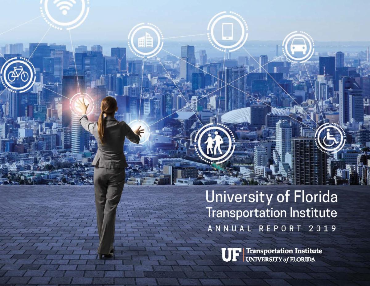 Image of the front page of the UFTI Annual Report showing a woman standing in front of interconnected dots with transportation images in each dot. 