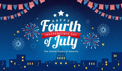 Happy Fourth of July vector illustration. Fireworks light up night sky in downtown