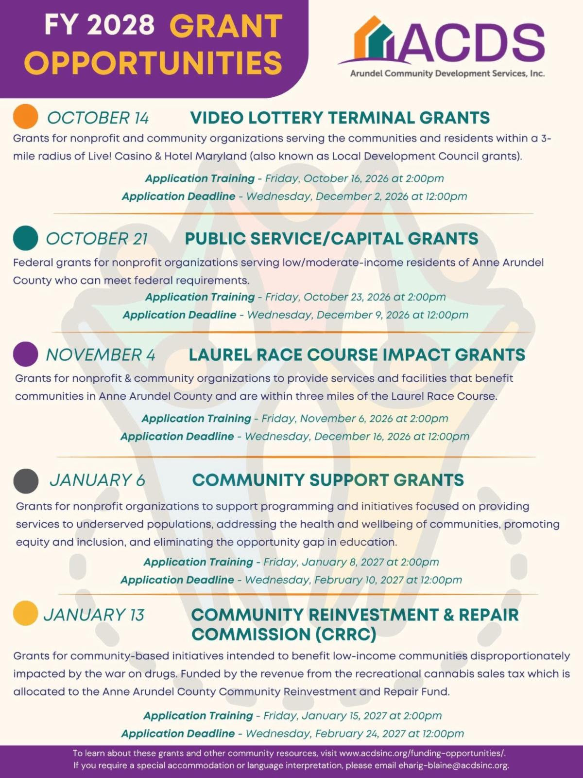 ACDS FY2028 Grant Opportunities: ACDS Logo, Grant dates: Oct 14: Video Lottery Terminal Grants, Oct 21: Public Service/Capital Grants, Nov 4: Laurel Race Course Impact Grants, Jan 6, 2027: Community Support Grants, Jan 13, 2027: Community Reinvestment & Repair Commission (CRRC)