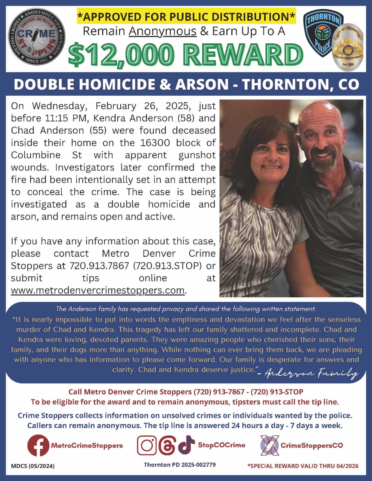 Crime Stoppers bulletin including information about the incident and a photo of the victims, Kendra and Chad Anderson.