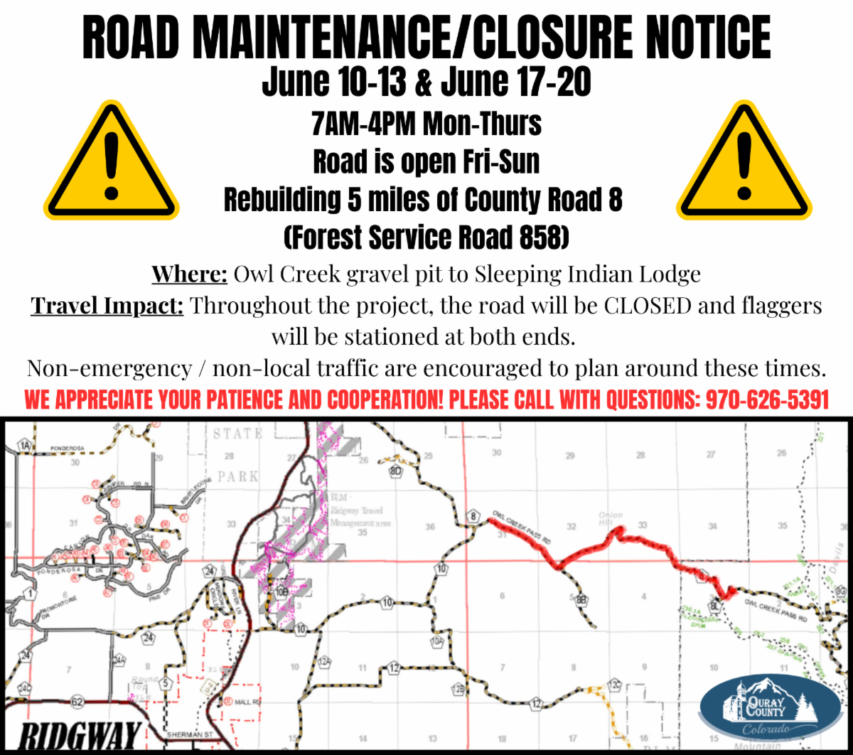 Road Closure Notice: County Road 8 - June 10-13 and June 17-20 7am-4pm