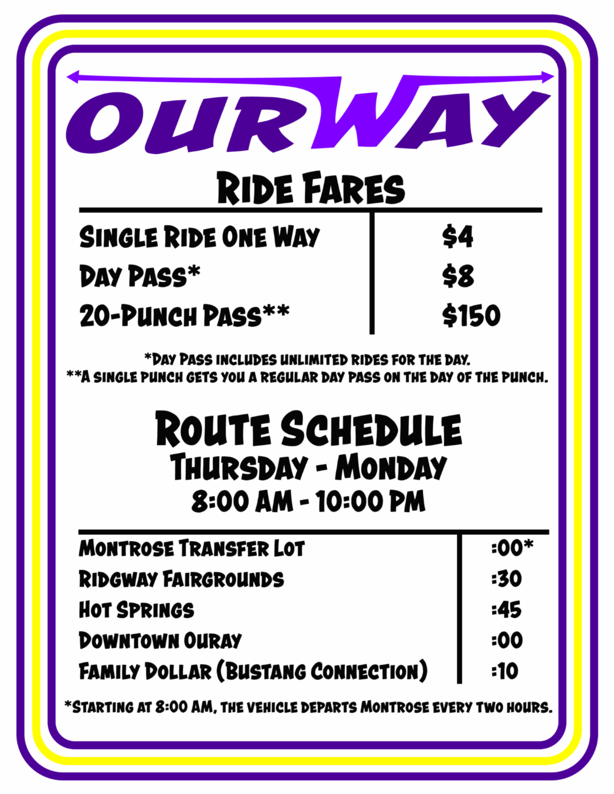OurWay Transit Operations Route and Fee Schedule