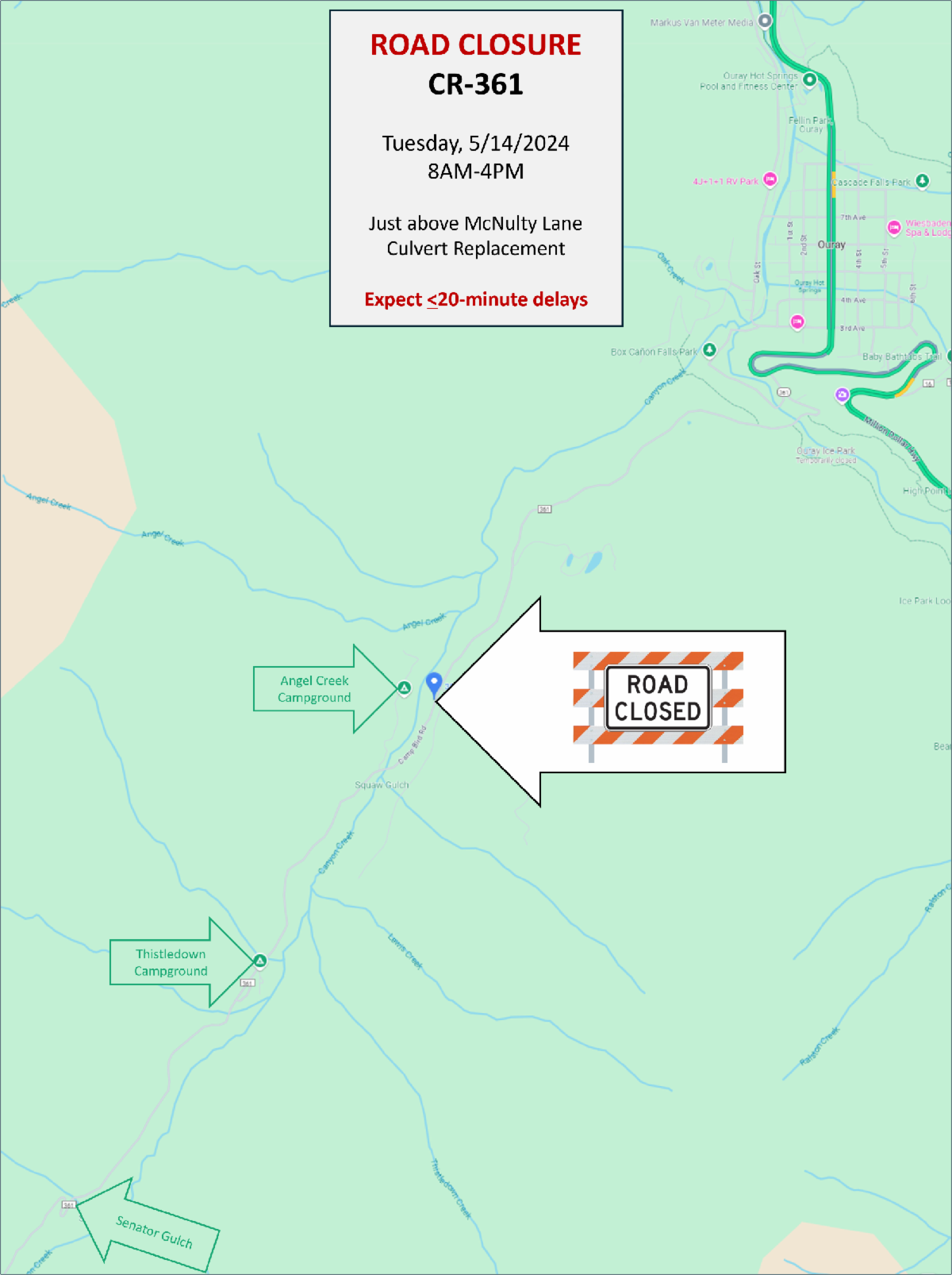 Road Closure Notice for CR-361 on May 14 8AM-4PM