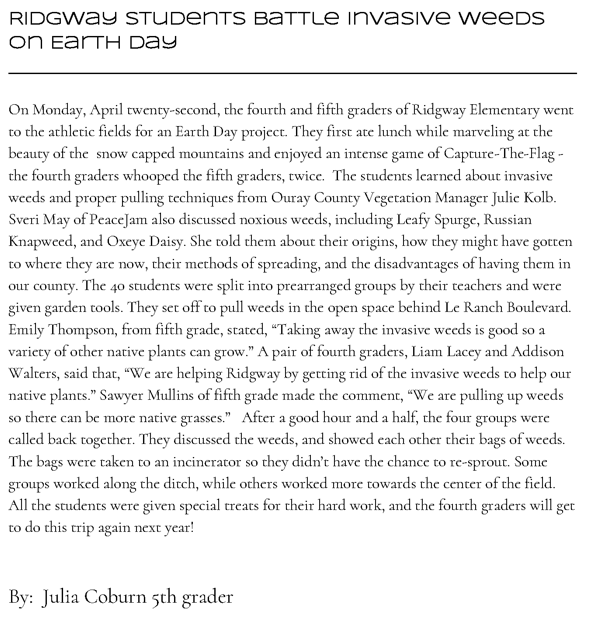 Article written by Ridgway 5th grader about noxious weed pulling