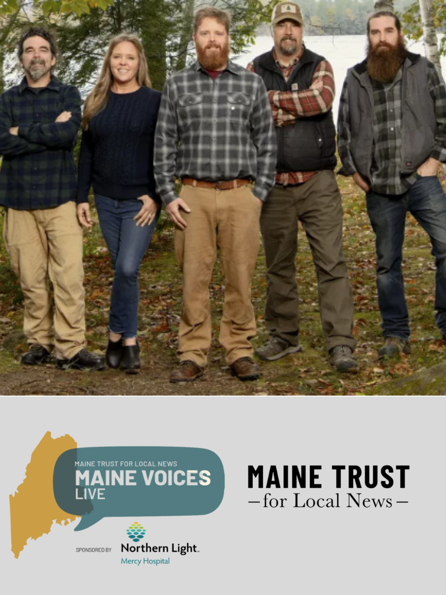 Maine Voices Live poster promoting Maine Cabin Masters event