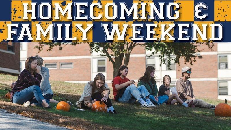 Homecoming & Family Weekend [Photo of people sitting on the lawn with pumpkins]