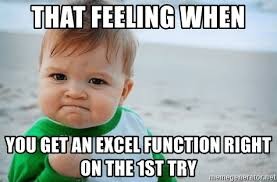 meme of baby with text "that feeling when you get an excel function right on the first try"
