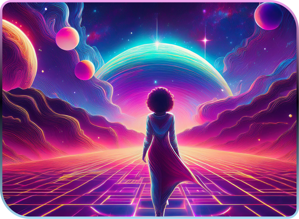 Futuristic image of person walking with multiple planets in the sky