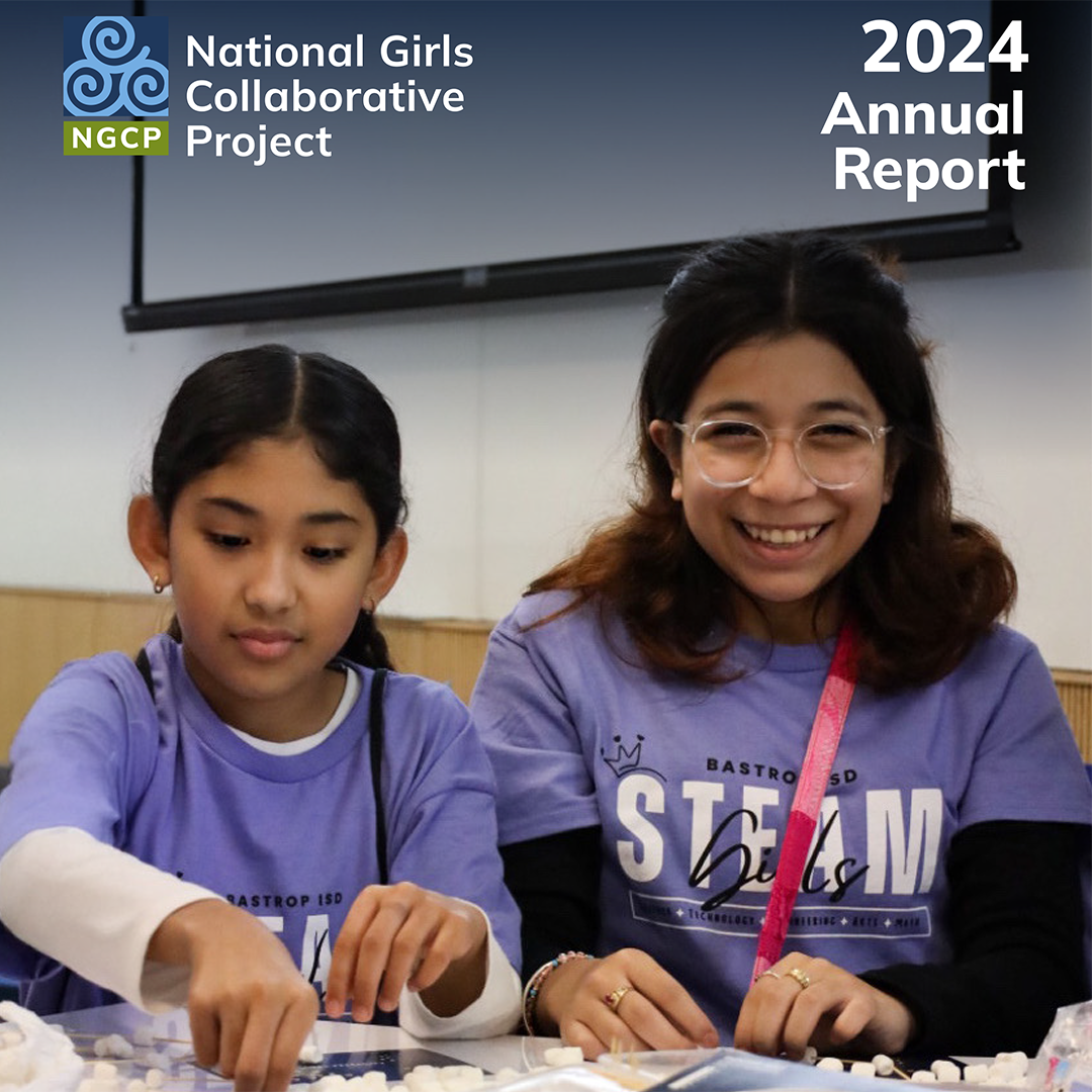 2024 Annual reporrt two girls building with toothpicks and marshmallows