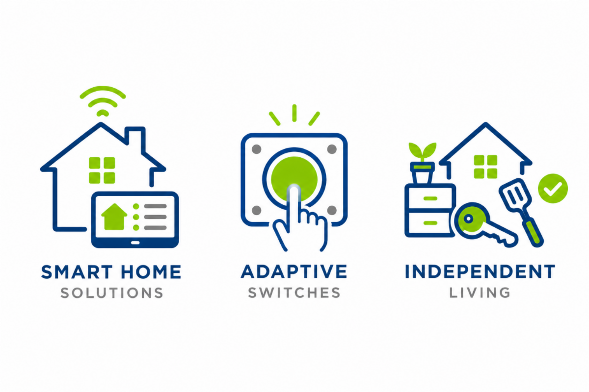 Illustrations of smart home technology, adaptive switches, and independent living tools that support accessibility and independence.