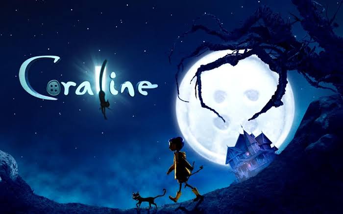 Coraline movie poster, girl walking through dark with an animal, moon in background.