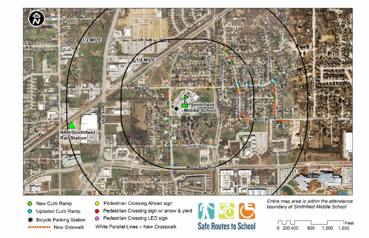map showing sidewalk and pedestrian improvements within half mile of Smithfield Middle School.