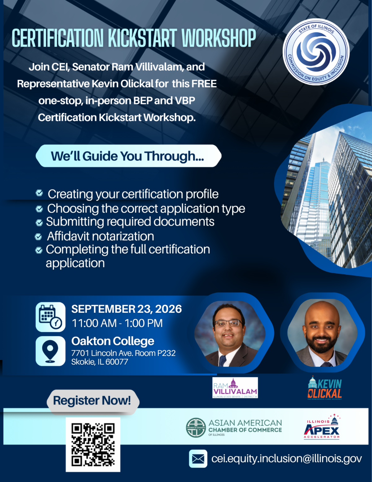 Certification Kickstart Workshop: Free in-person BEP and VBP certification workshop with CEI, Senator Ram Villivalam, and Representative Kevin Olickal. September 23, 2026, 11 AMâ€“1 PM at Oakton College in Skokie, Illinois.