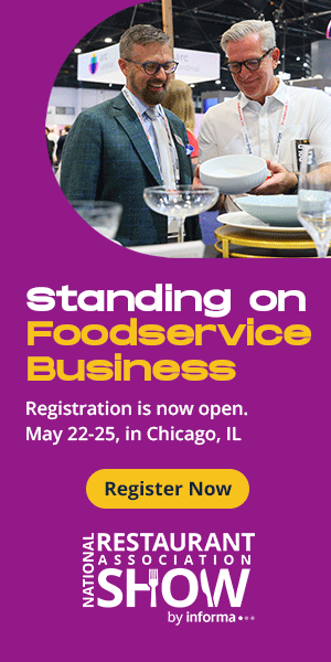 Two men examining tableware at a trade show. National Restaurant Association Show: Standing on Foodservice Business. Registration open May 22-25 in Chicago, IL. Register Now.