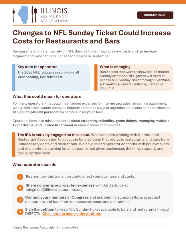 Illinois Restaurant Association industry alert about NFL Sunday Ticket changes for restaurants and bars, including possible new streaming requirements, upgrade costs, and action steps for operators.
