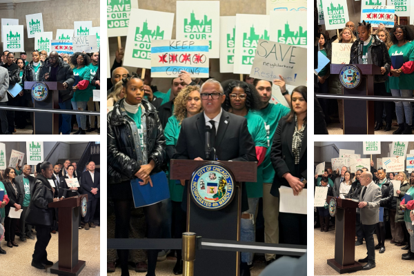 Collage of photos from a press conference about freezing the tip credit