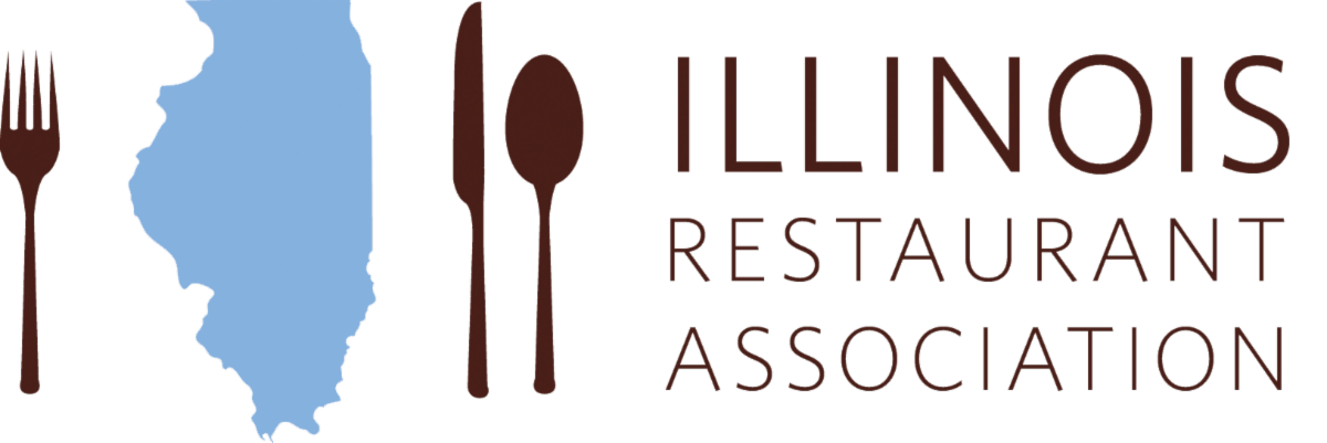 Logo for the Illinois Restaurant Association featuring cutlery next to an outline of the state of Illinois