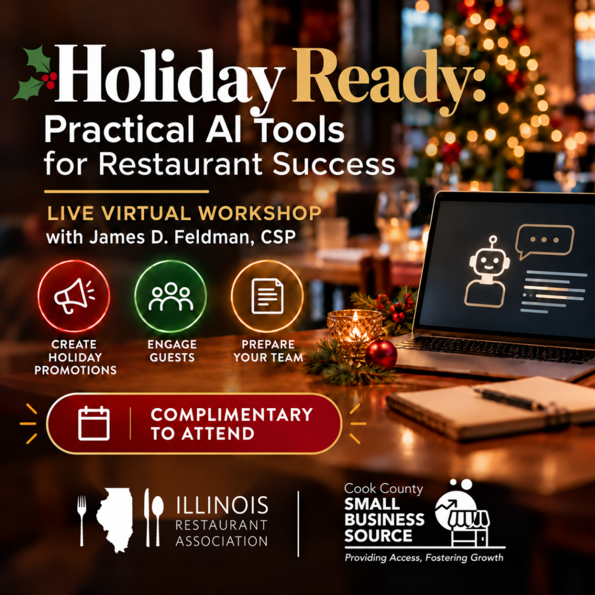 Free Holiday Ready AI workshop for restaurants with James D. Feldman, CSP. Learn holiday promotions, guest engagement, and team preparation.