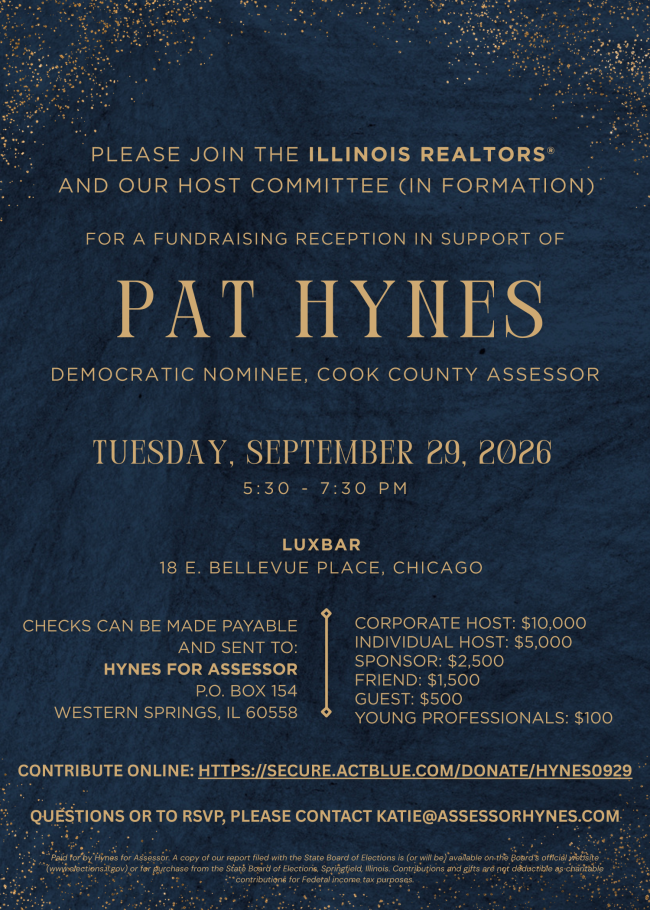 Fundraising reception invitation for Pat Hynes, Democratic nominee for Cook County Assessor, hosted by Illinois REALTORS on Sept. 29, 2026, 5:30â€“7:30 p.m. at Luxbar, 18 E. Bellevue Place, Chicago.