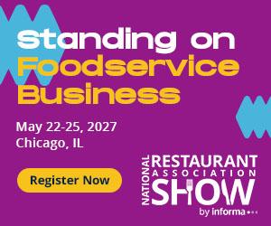 Standing on Foodservice Business at the National Restaurant Association Show, May 22-25, 2027, in Chicago, IL. Yellow Register Now button on a purple background with blue accents.