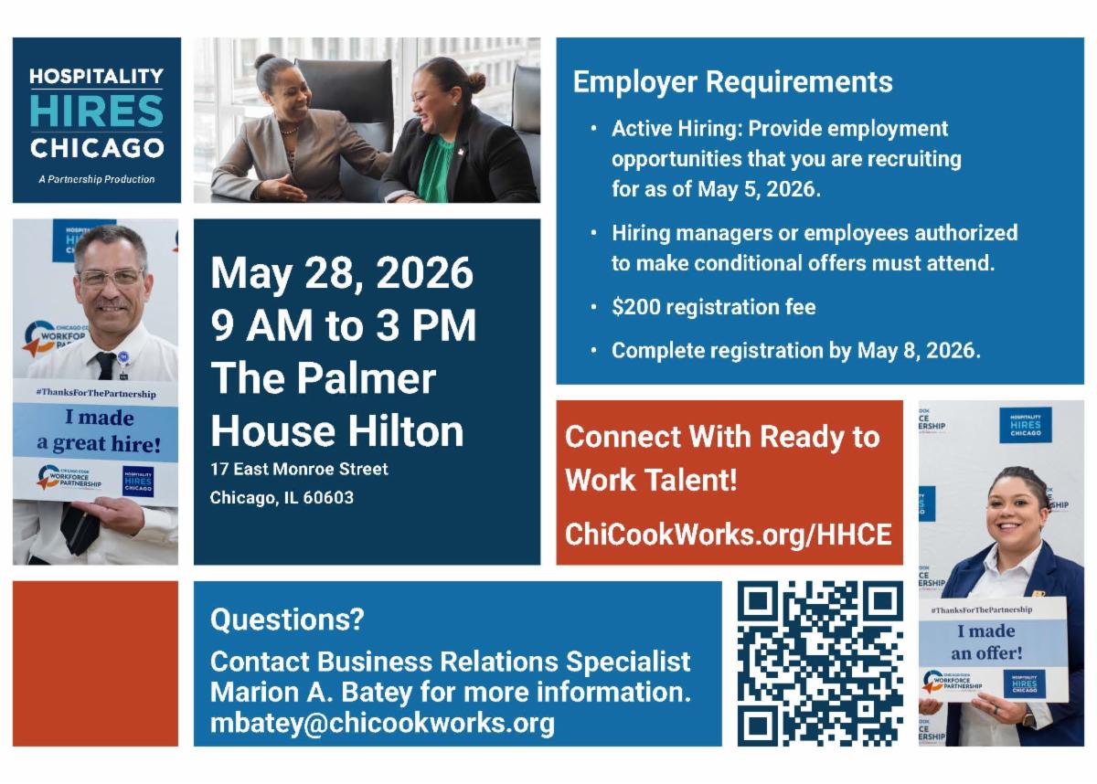 Hospitality Hires Chicago flyer promoting a hiring event on May 28, 2026, 9 AM to 3 PM at the Palmer House Hilton, Chicago. Includes employer requirements, $200 fee, registration deadline May 8, contact info, and QR code
