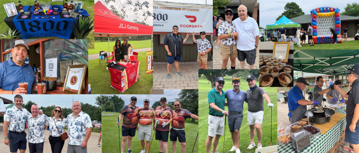 Collage from a golf outing featuring attendees, vendor tents, event signs, group photos on the course, food displays, an inflatable game, and volunteers serving meals.