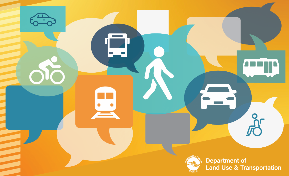 Forms of transit: walking, bicycling, bus, wheelchair, light rail and talk and thought bubbles suggesting conversations about transit