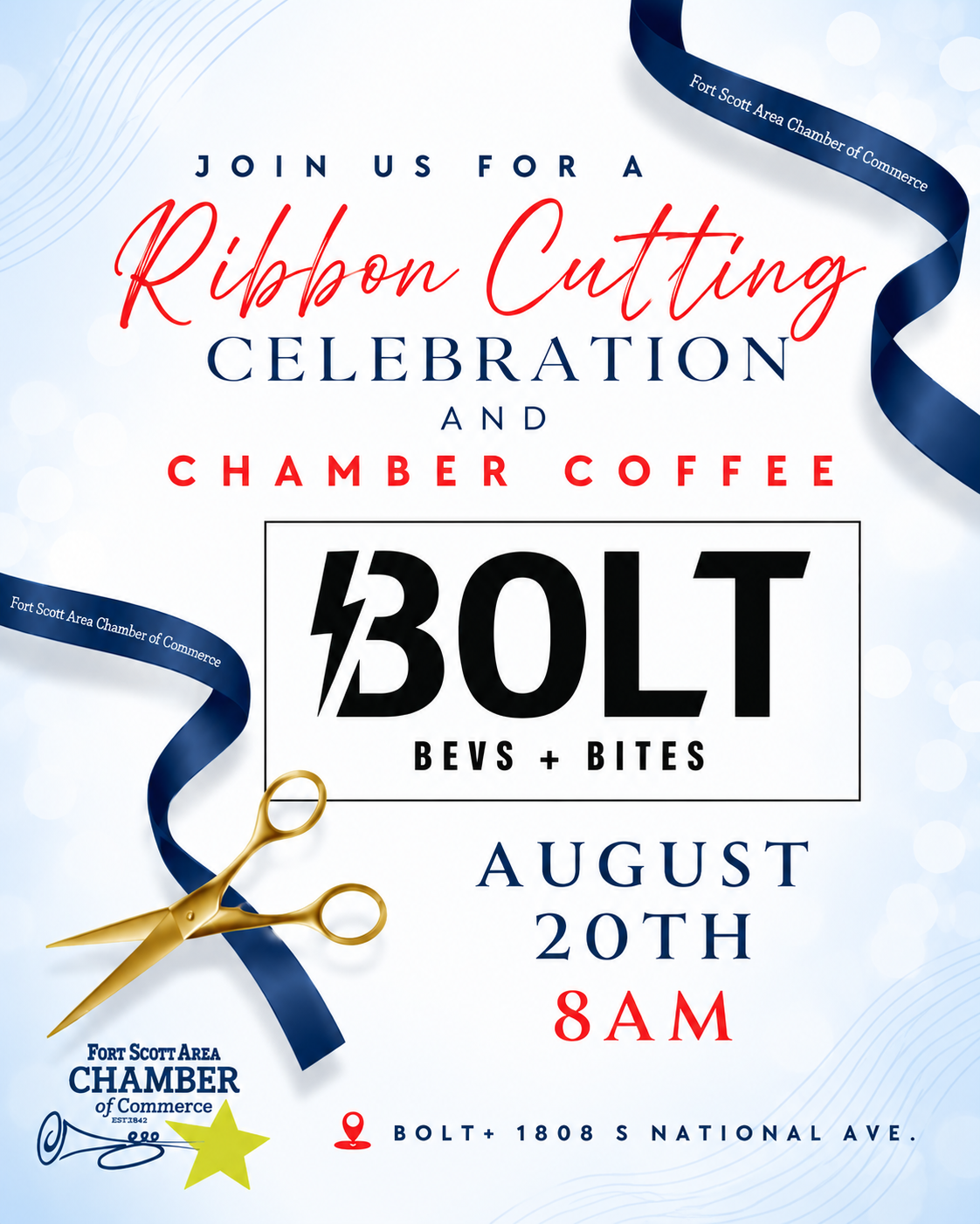 Ribbon Cutting Celebration and Chamber Coffee – Bolt Bevs + Bites, August 20th, 8am, 1808 S. National Ave.
