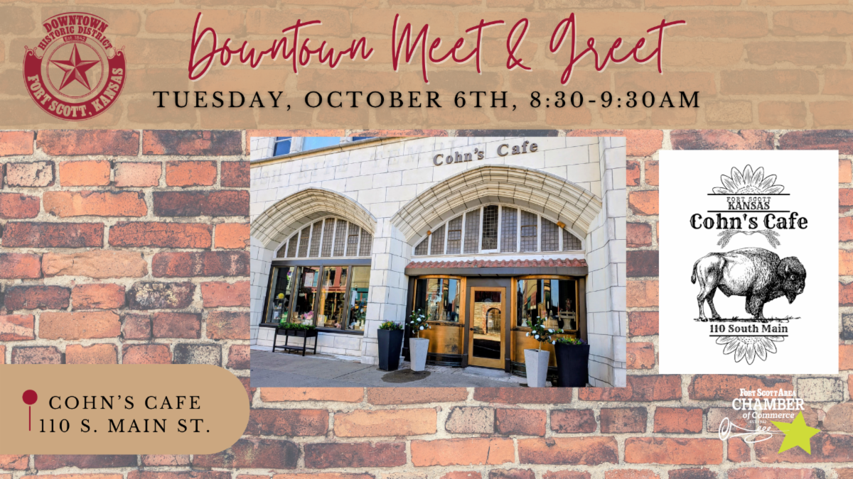 Downtown Meet & Greet, Tuesday October 6th, 8:30-9:30am, Cohn's Cafe, 110 S. Main St.