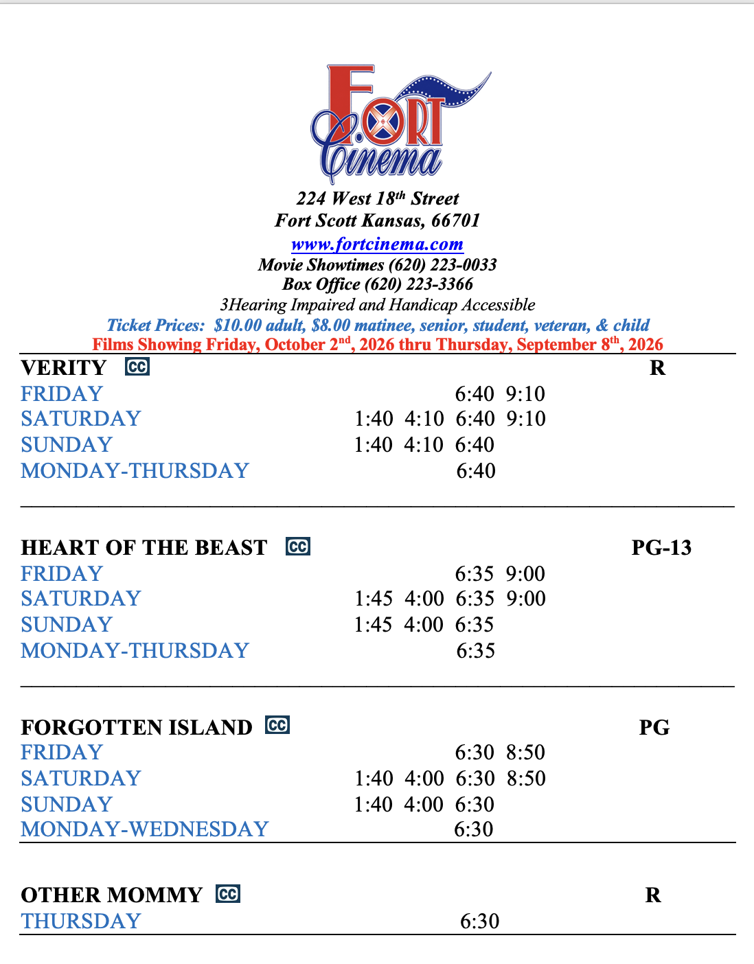Fort Cinema movie schedule