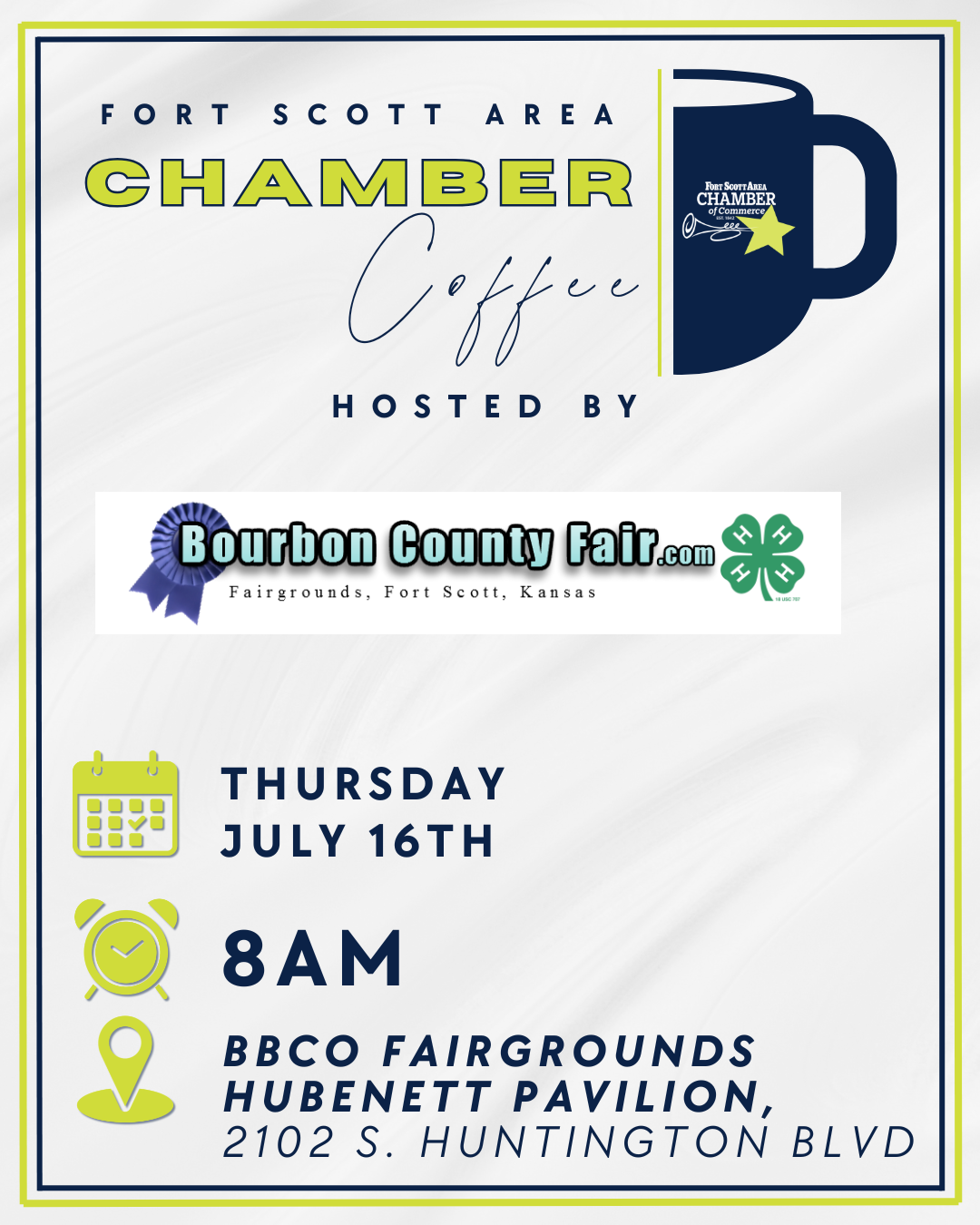 Chamber Coffee hosted by Bourbon County Fair Association – Thursday, July 16th, 8am, BBCO Fairgrounds Hubenett Pavilion, 2102 S. Huntington Blvd