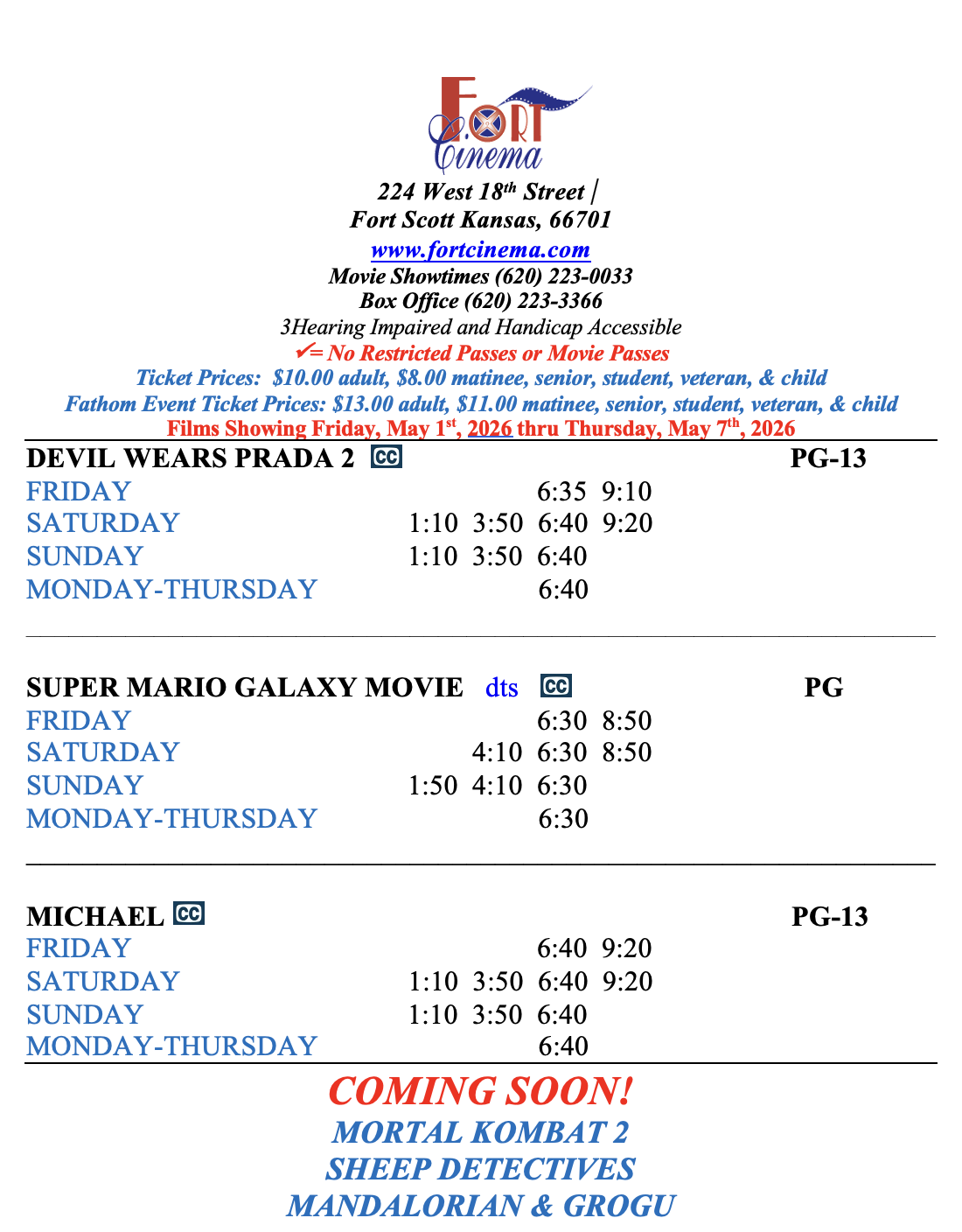 Fort Cinema Movie Schedule
